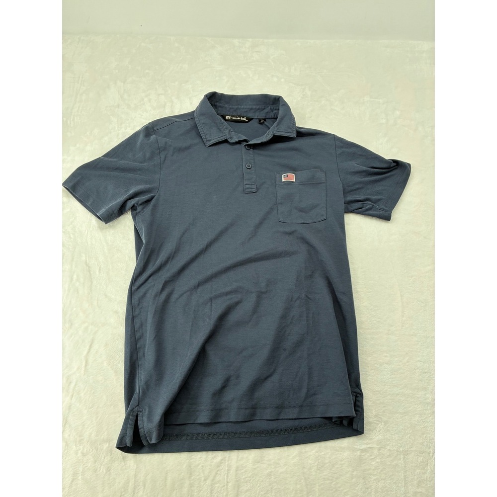TravisMathew‎ Polo Womens Small Polo Blue Pima Cotton Blend American Flag Pocket